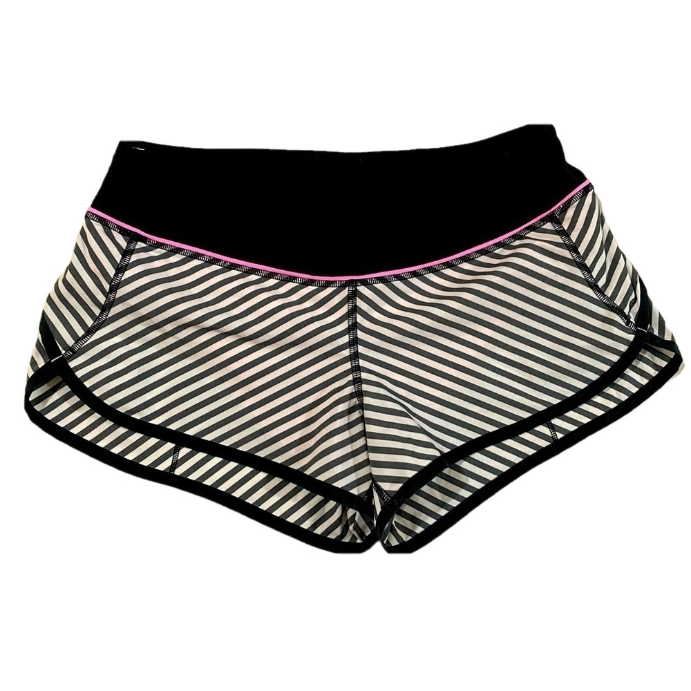 Lululemon Women  Run Speed Short 2-way
Classic Stripe Black White Pink Trim 6